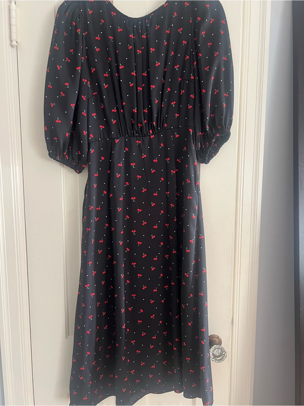 Black Midi Dress with Red Cherry Pattern and Puff Sleeves